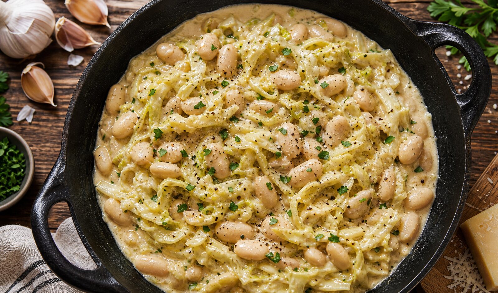 Roasted garlic cabbage alfredo beans in a cast iron skillet topped with fresh parsley