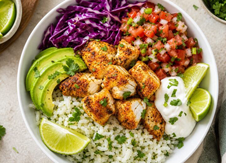 Air Fryer Chili Lime Cod Taco Bowls with cilantro lime rice, avocado, cabbage, and pico de gallo