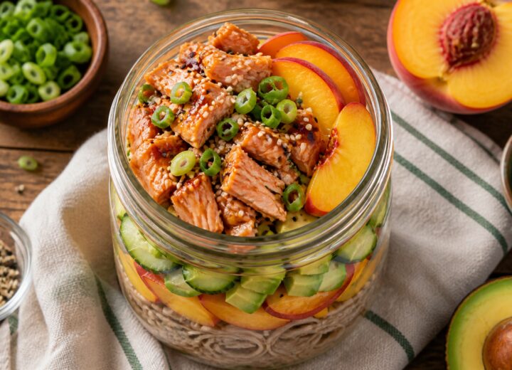Miso Peach Salmon Soba Jars layered in a glass jar with soba noodles, salmon, peaches, cucumber, and avocado