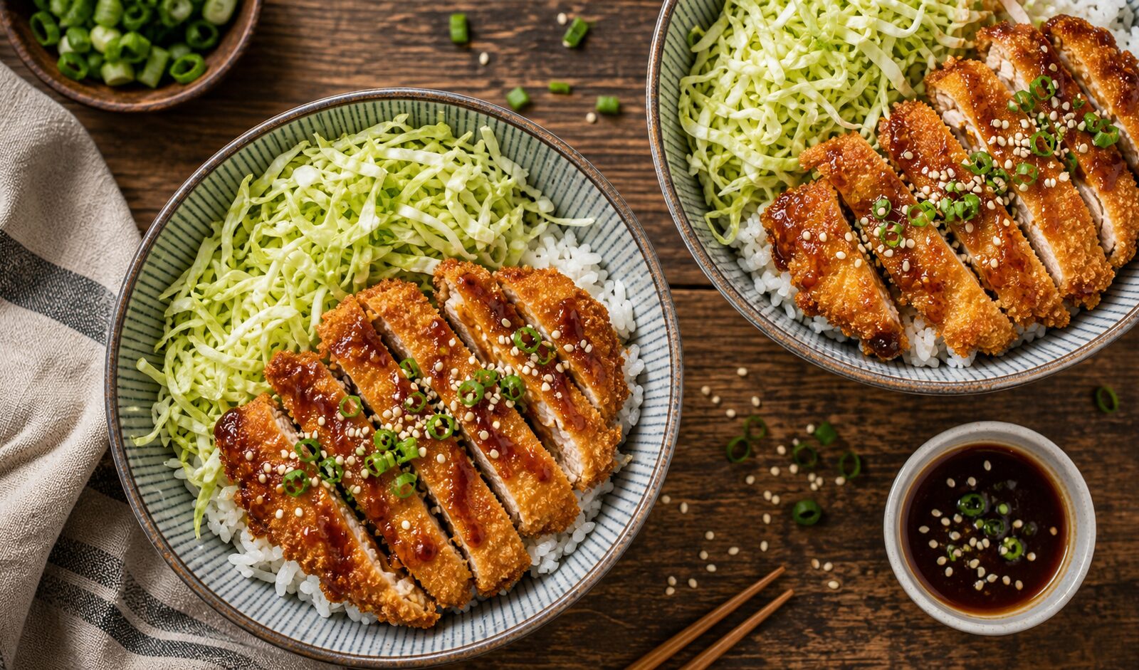 Air fryer chicken katsu cabbage bowls with crispy chicken strips, shredded cabbage, and rice drizzled with katsu sauce