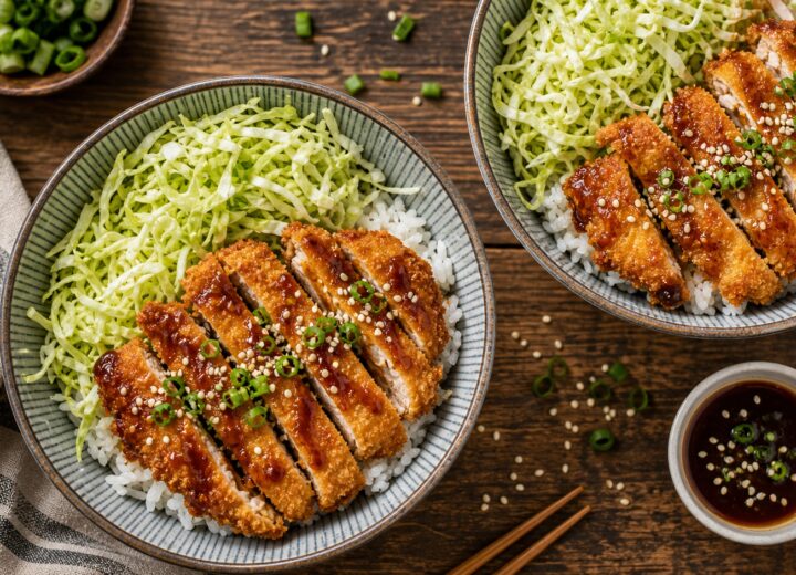 Air fryer chicken katsu cabbage bowls with crispy chicken strips, shredded cabbage, and rice drizzled with katsu sauce