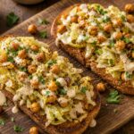 Two slices of crispy cabbage and tahini chickpea toasts on a wooden board, drizzled with tahini sauce