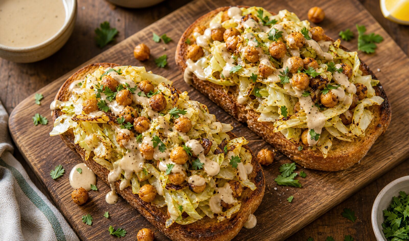 Two slices of crispy cabbage and tahini chickpea toasts on a wooden board, drizzled with tahini sauce