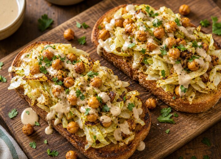 Two slices of crispy cabbage and tahini chickpea toasts on a wooden board, drizzled with tahini sauce