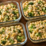 Lemony butter bean broccoli pasta pots in meal prep containers with a fork and fresh herbs on top