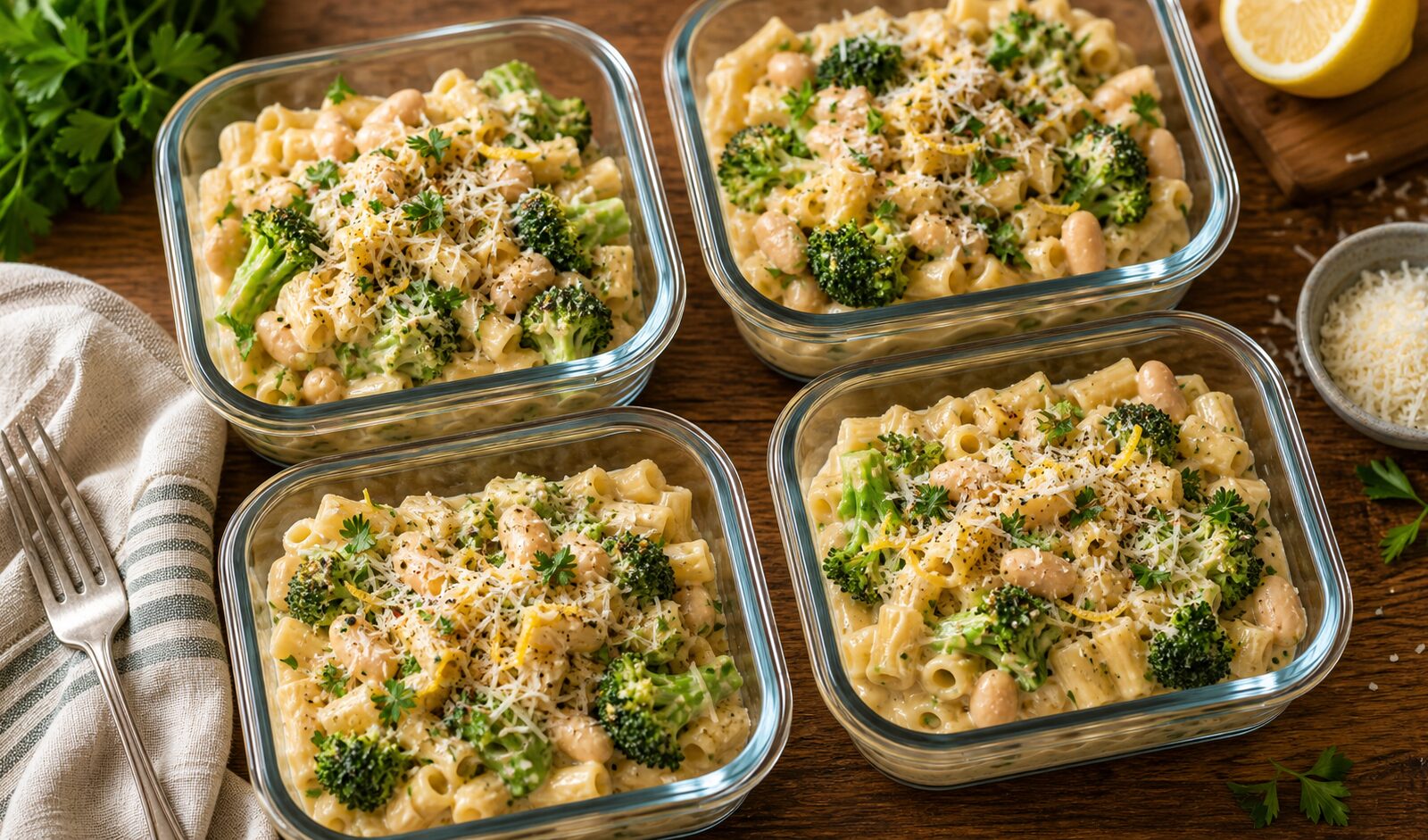 Lemony butter bean broccoli pasta pots in meal prep containers with a fork and fresh herbs on top