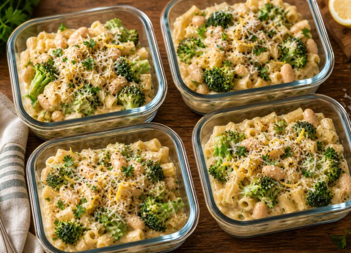 Lemony butter bean broccoli pasta pots in meal prep containers with a fork and fresh herbs on top