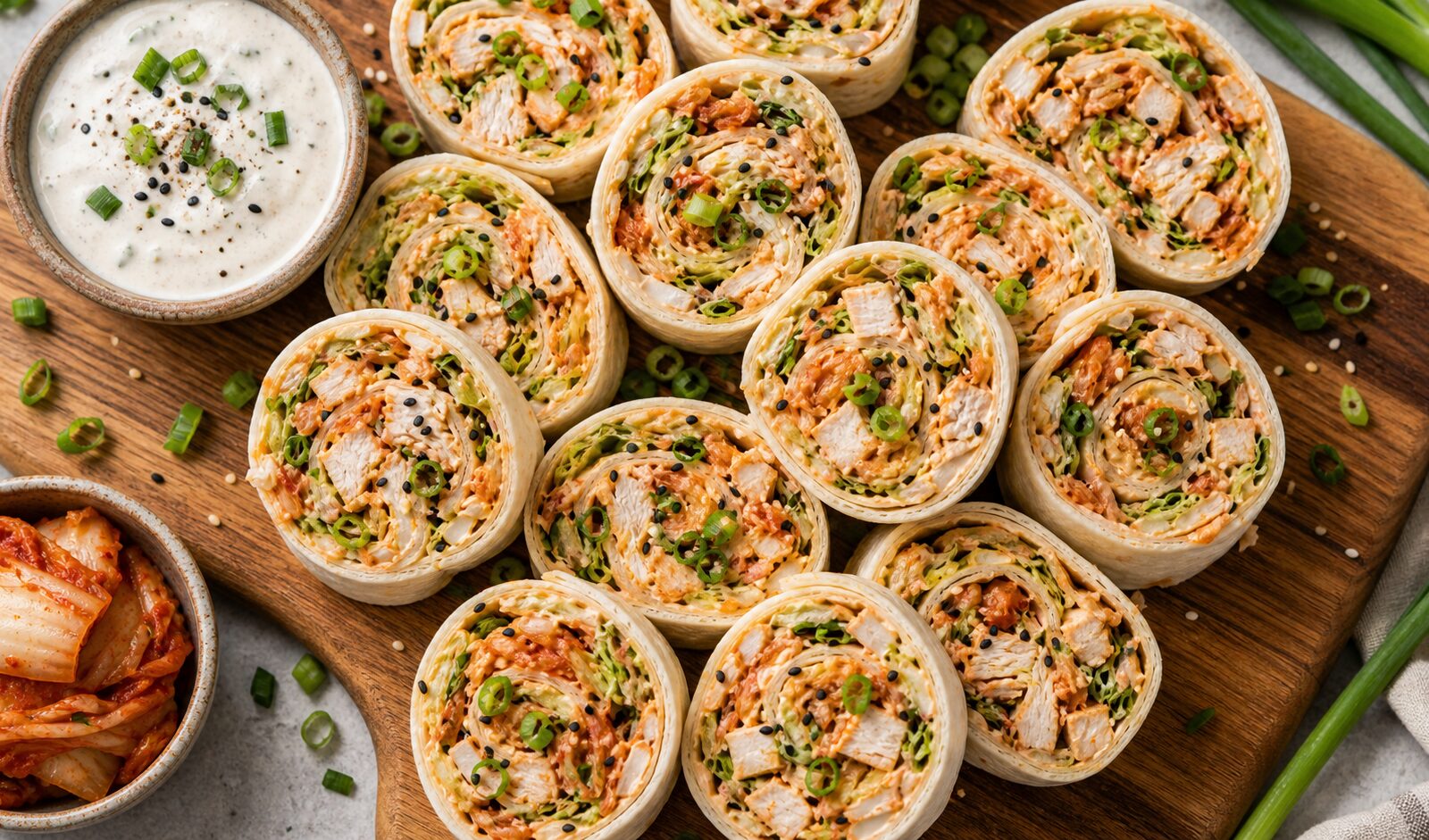 Kimchi Ranch Chicken Salad Pinwheels arranged on a white platter with fresh herbs garnish