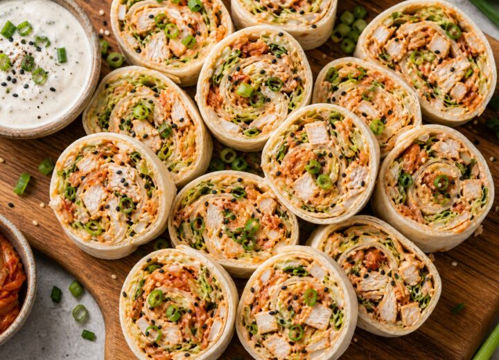 Kimchi Ranch Chicken Salad Pinwheels arranged on a white platter with fresh herbs garnish