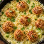 A skillet full of golden brown coconut lime chicken and cabbage meatballs in creamy sauce, garnished with fresh cilantro and lime wedges.