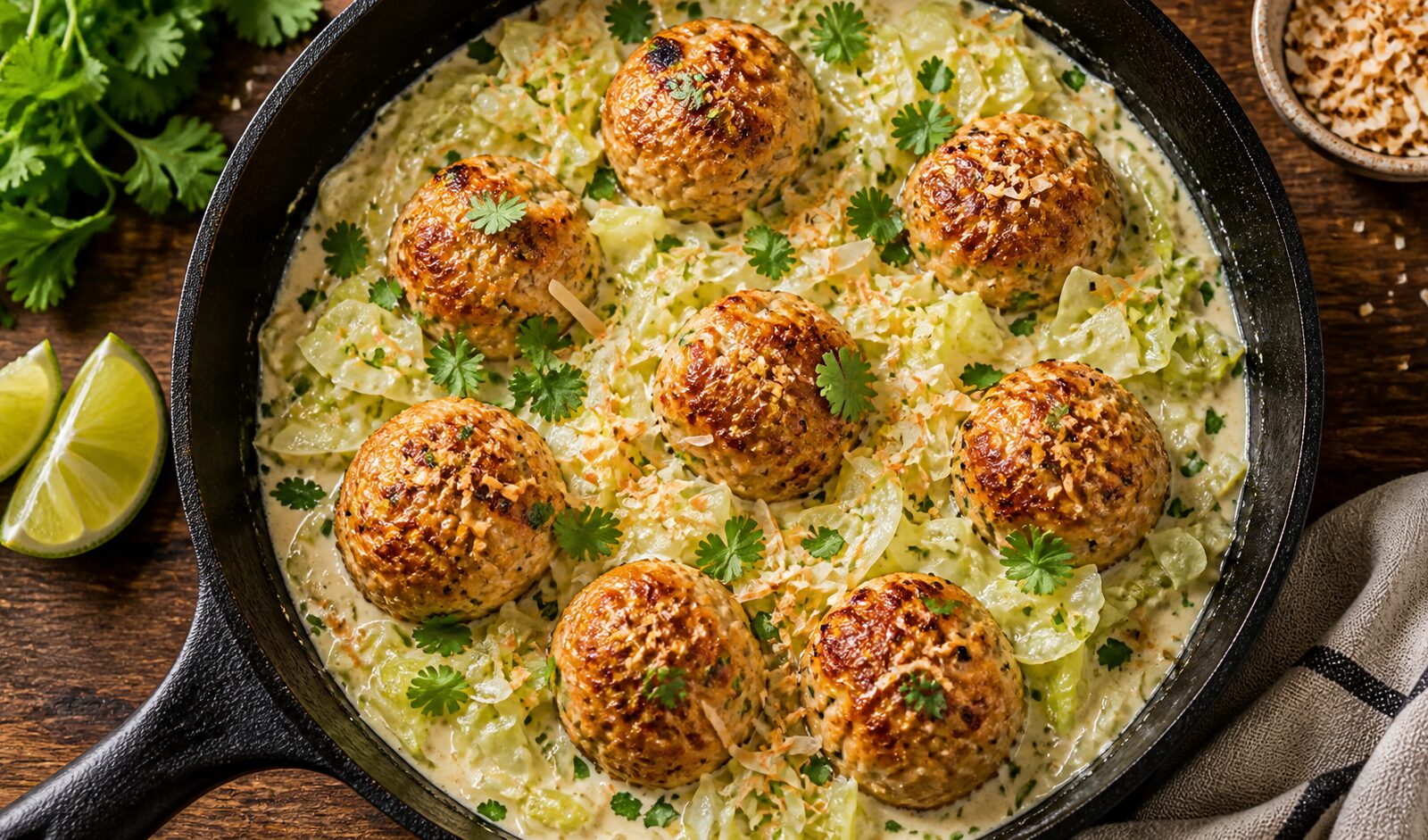 A skillet full of golden brown coconut lime chicken and cabbage meatballs in creamy sauce, garnished with fresh cilantro and lime wedges.