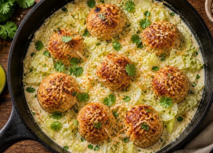 A skillet full of golden brown coconut lime chicken and cabbage meatballs in creamy sauce, garnished with fresh cilantro and lime wedges.