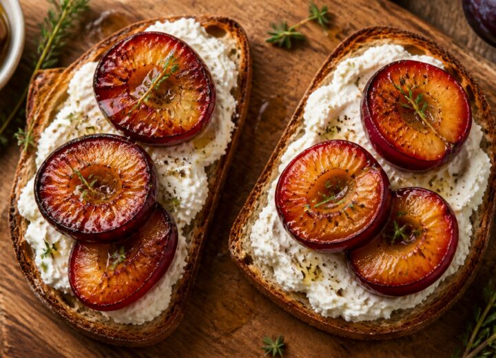 Two slices of roasted plum goat cheese protein toast on a wooden board, with roasted plum halves and fresh thyme garnish.