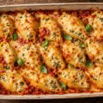 Baked Calabrian chili cottage cheese stuffed shells in a baking dish, with melted cheese and tomato sauce, garnished with fresh basil.