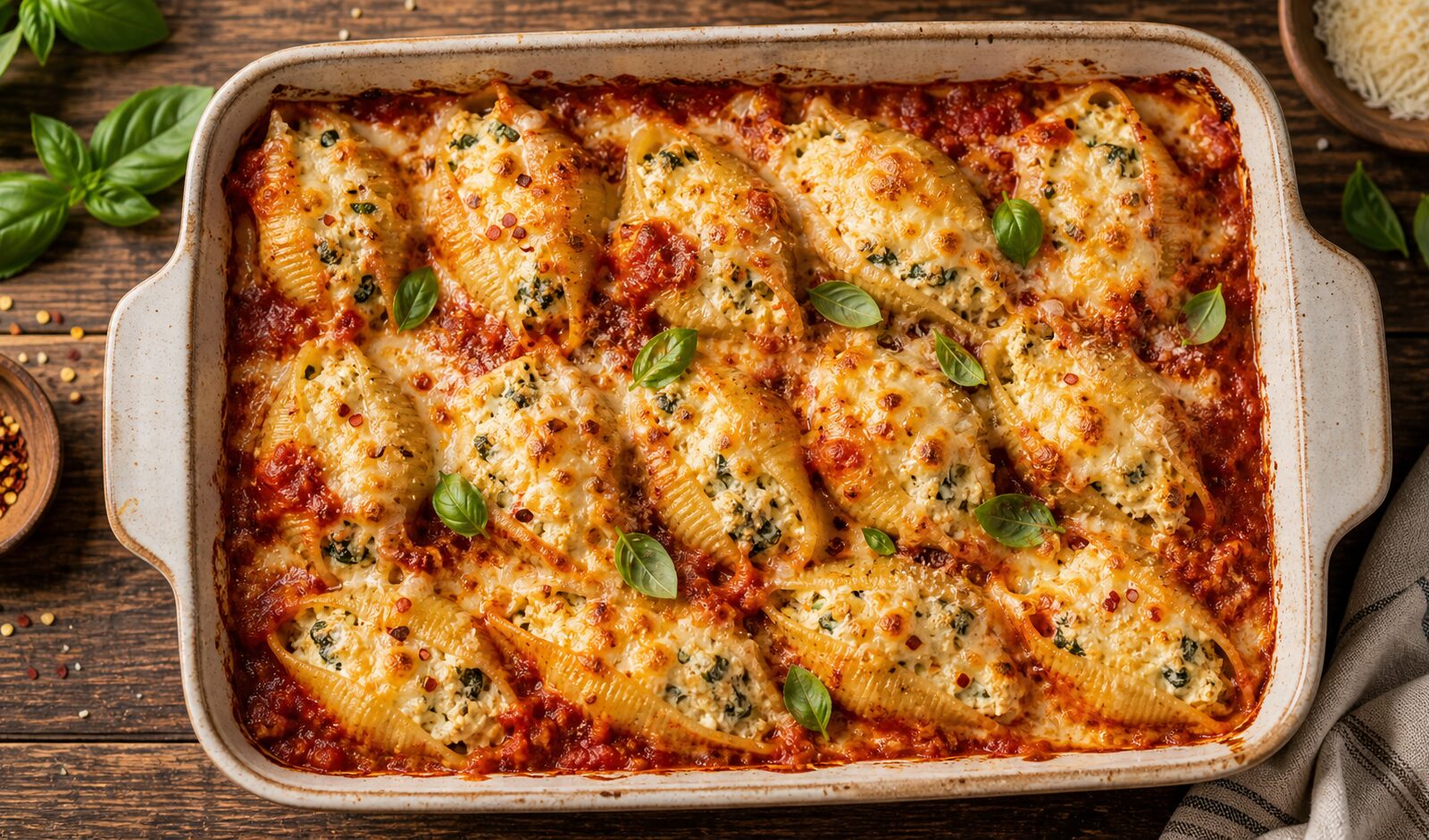 Baked Calabrian chili cottage cheese stuffed shells in a baking dish, with melted cheese and tomato sauce, garnished with fresh basil.
