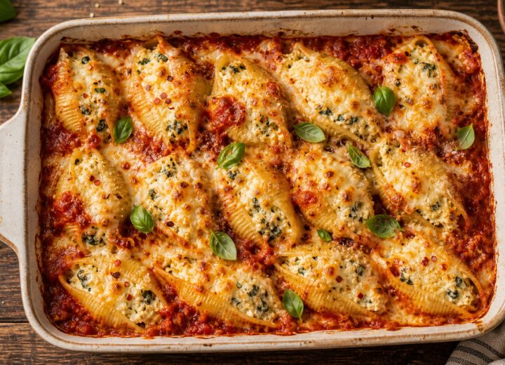 Baked Calabrian chili cottage cheese stuffed shells in a baking dish, with melted cheese and tomato sauce, garnished with fresh basil.