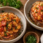 Hot honey tomato butter bean toast bowls with fresh parsley garnish on a wooden table