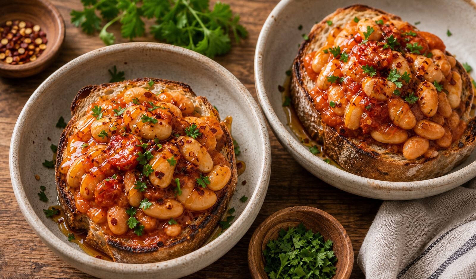 Hot honey tomato butter bean toast bowls with fresh parsley garnish on a wooden table