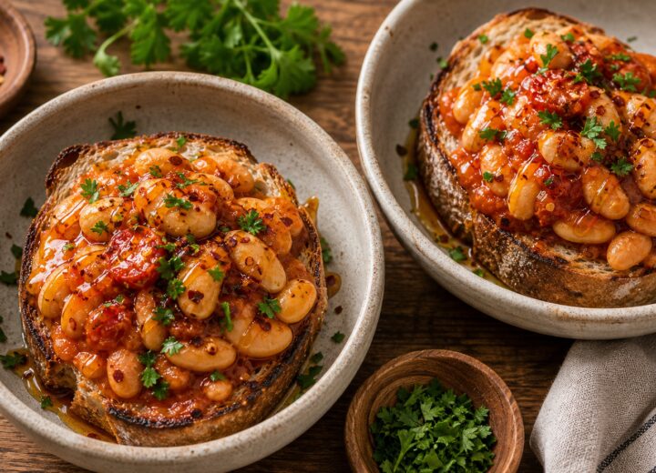 Hot honey tomato butter bean toast bowls with fresh parsley garnish on a wooden table