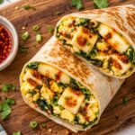 Air fryer chili oil halloumi breakfast wraps on a plate, cut in half, showing crispy halloumi and scrambled eggs inside