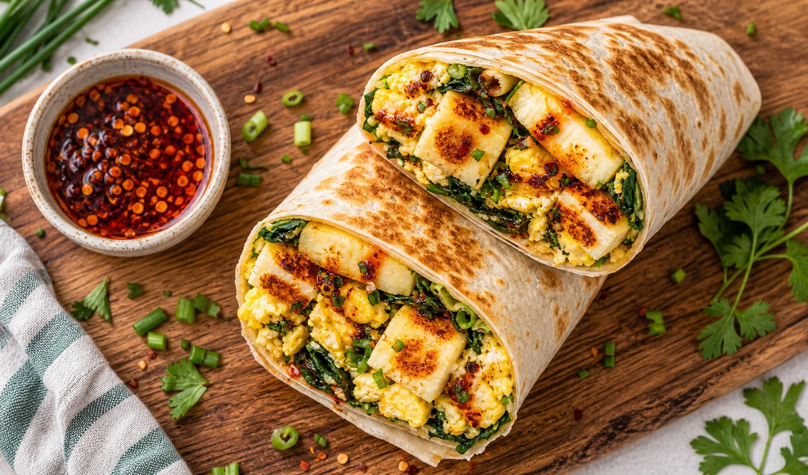 Air fryer chili oil halloumi breakfast wraps on a plate, cut in half, showing crispy halloumi and scrambled eggs inside