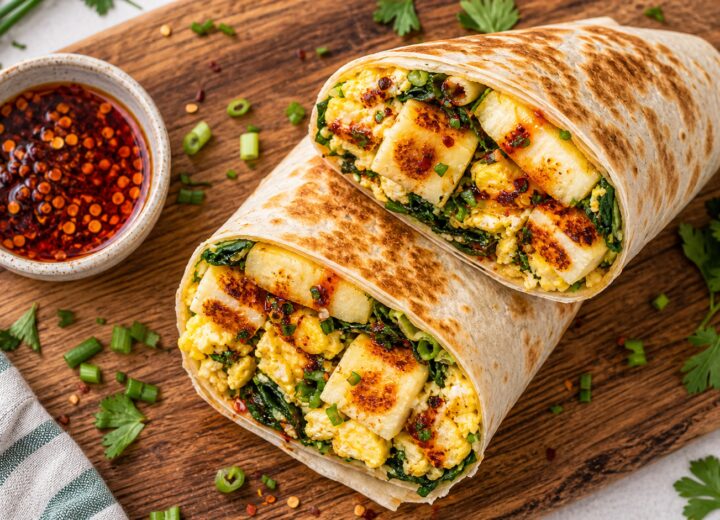 Air fryer chili oil halloumi breakfast wraps on a plate, cut in half, showing crispy halloumi and scrambled eggs inside