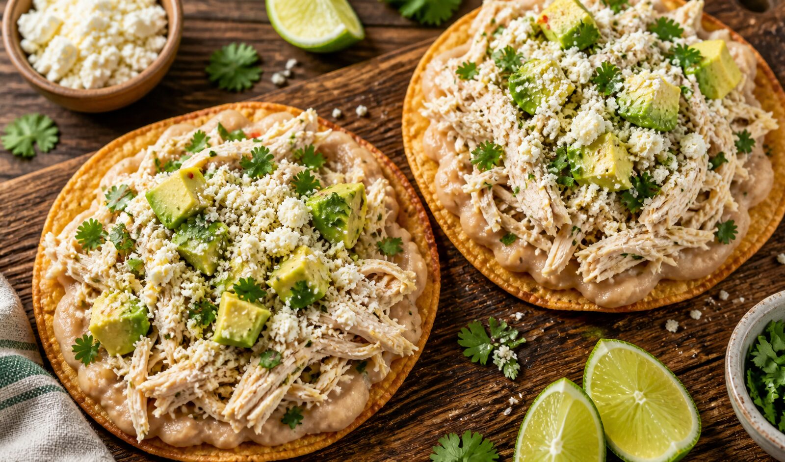 Lemon herb chicken white bean smash tostadas topped with avocado and cotija cheese on a wooden board