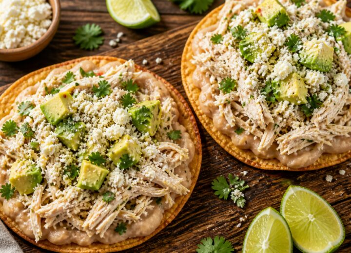 Lemon herb chicken white bean smash tostadas topped with avocado and cotija cheese on a wooden board