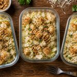 Three meal prep lunch boxes filled with crispy rice cabbage Caesar salad, topped with croutons and Parmesan cheese.