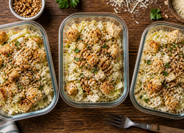 Three meal prep lunch boxes filled with crispy rice cabbage Caesar salad, topped with croutons and Parmesan cheese.