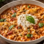 A steaming bowl of roasted garlic ricotta lentil lasagna soup, garnished with fresh basil and served with crusty bread