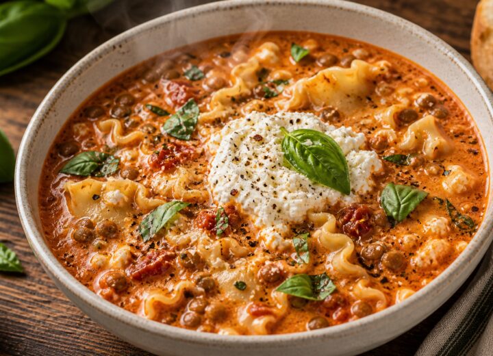 A steaming bowl of roasted garlic ricotta lentil lasagna soup, garnished with fresh basil and served with crusty bread