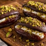 Dubai chocolate cottage cheese stuffed dates on a plate with pistachios and dark chocolate drizzle