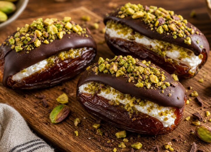 Dubai chocolate cottage cheese stuffed dates on a plate with pistachios and dark chocolate drizzle