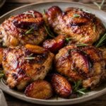 Juicy air fryer rosemary plum chicken thighs with caramelized plums and fresh rosemary garnish on a white plate