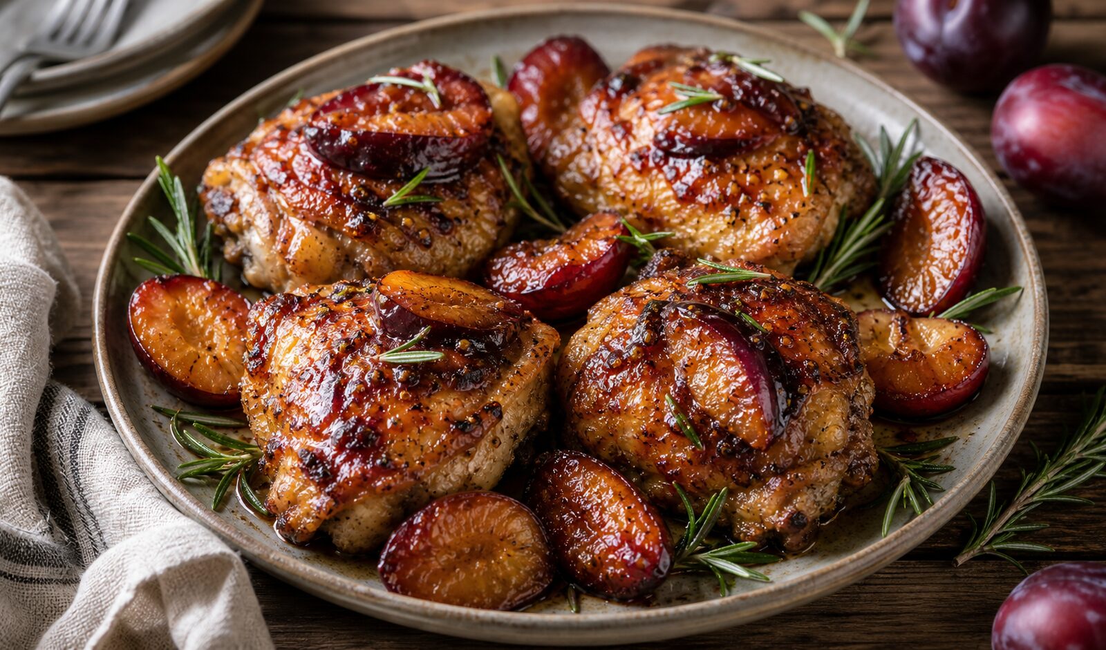Juicy air fryer rosemary plum chicken thighs with caramelized plums and fresh rosemary garnish on a white plate