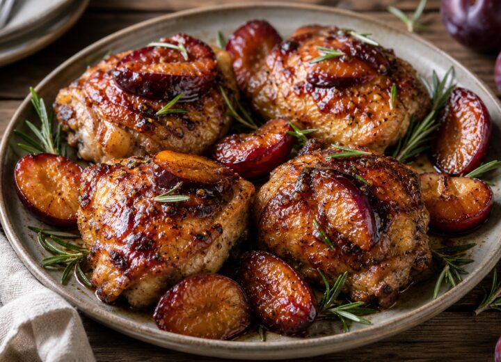 Juicy air fryer rosemary plum chicken thighs with caramelized plums and fresh rosemary garnish on a white plate