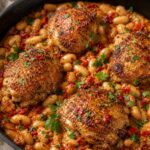Calabrian chili chicken Caesar butter beans in a cast iron skillet, garnished with parsley