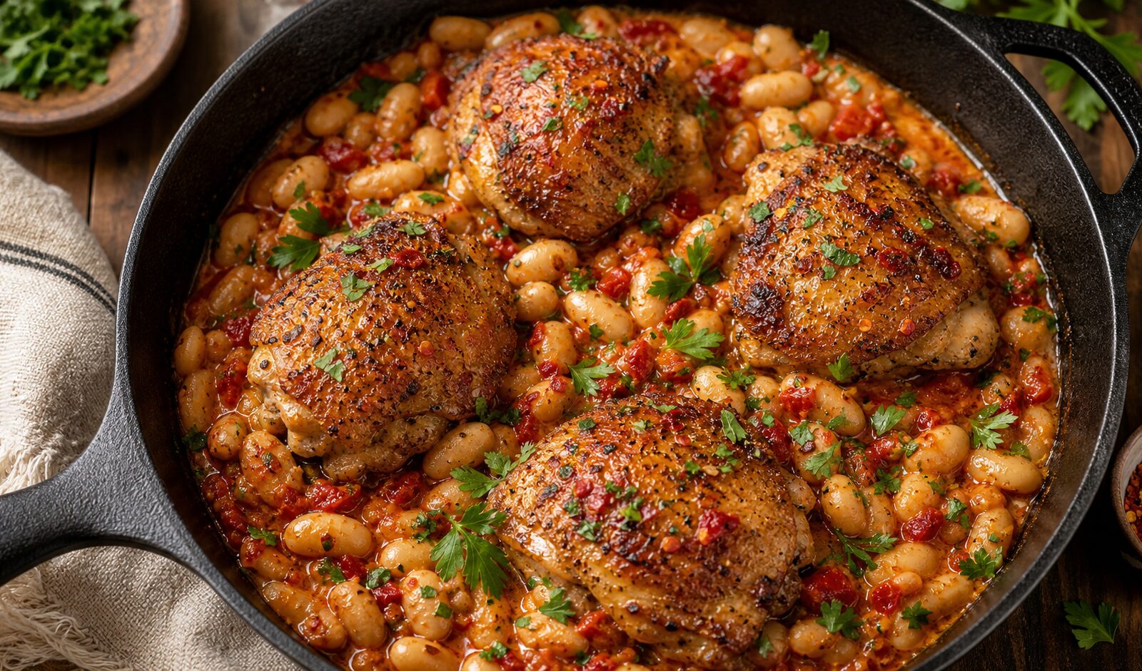 Calabrian chili chicken Caesar butter beans in a cast iron skillet, garnished with parsley