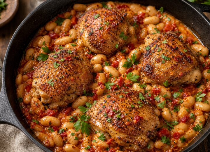 Calabrian chili chicken Caesar butter beans in a cast iron skillet, garnished with parsley