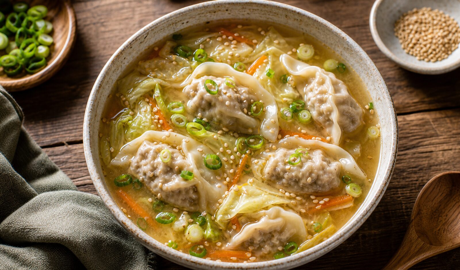 Bowl of miso ginger cabbage turkey dumpling soup with green onions and sesame seeds