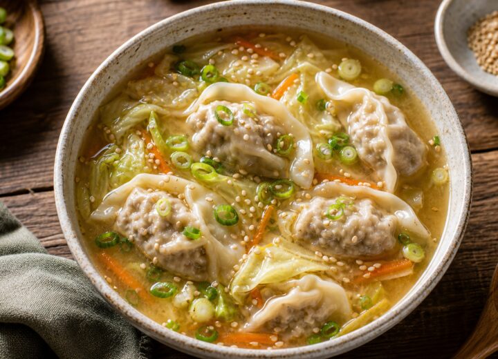 Bowl of miso ginger cabbage turkey dumpling soup with green onions and sesame seeds