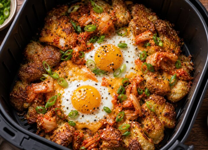 Air fryer kimchi potato egg smash with crispy golden potatoes, eggs, and green onions