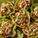Swicy peach chicken lettuce taco cups on a platter with lime wedges and fresh cilantro