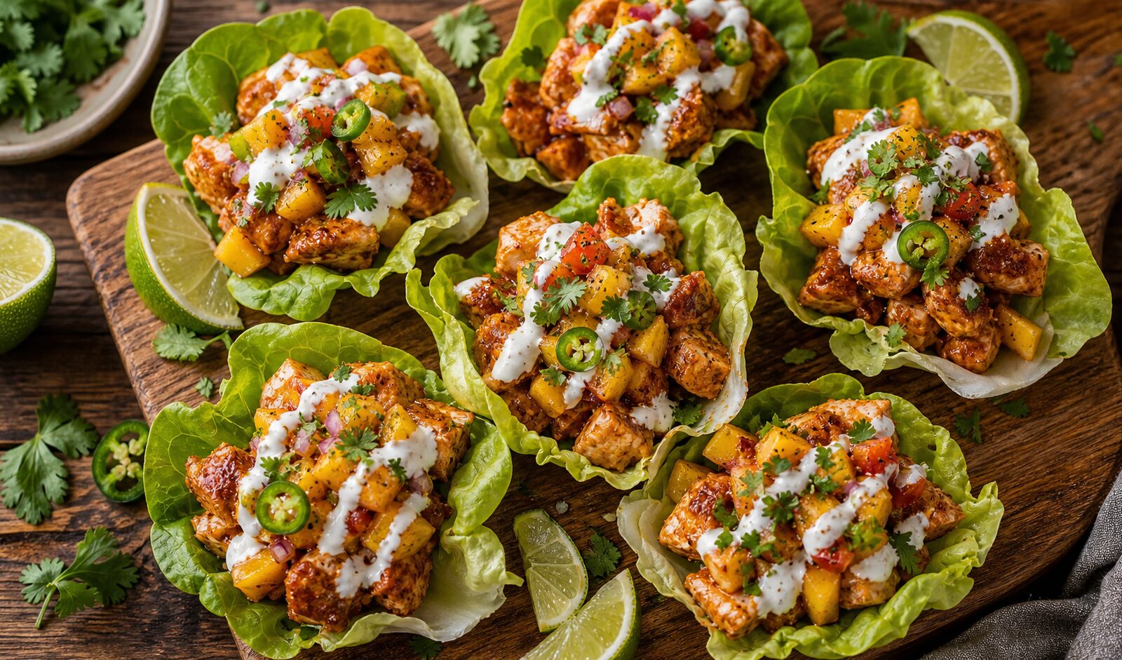 Swicy peach chicken lettuce taco cups on a platter with lime wedges and fresh cilantro