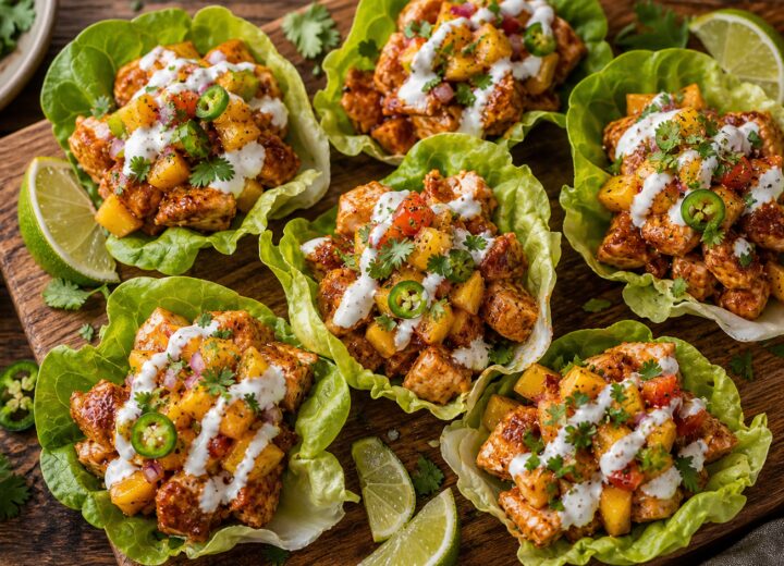Swicy peach chicken lettuce taco cups on a platter with lime wedges and fresh cilantro