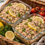 Two Lemony Tuna Butter Bean Picnic Boxes on a picnic table with lemon wedges and fresh herbs