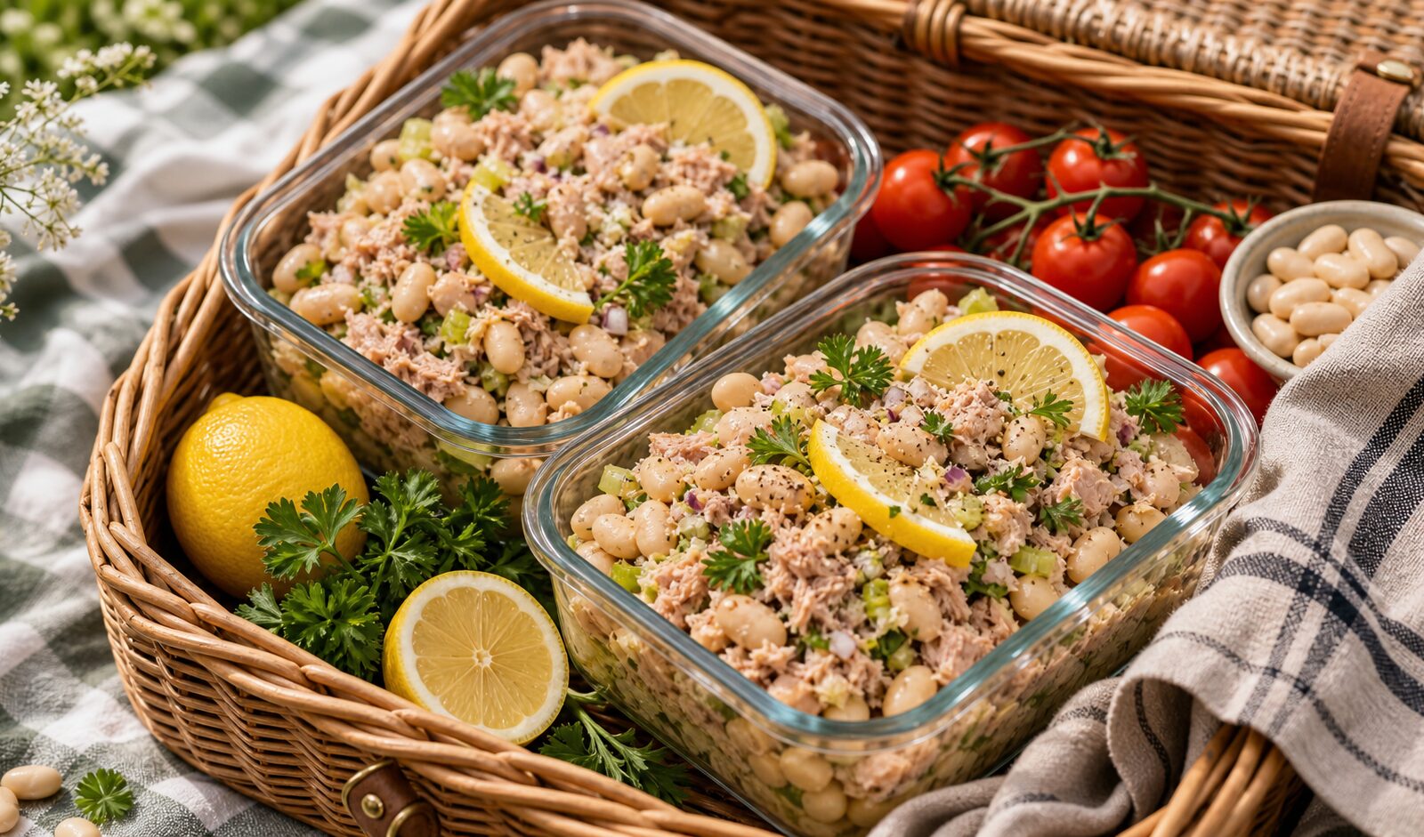 Two Lemony Tuna Butter Bean Picnic Boxes on a picnic table with lemon wedges and fresh herbs
