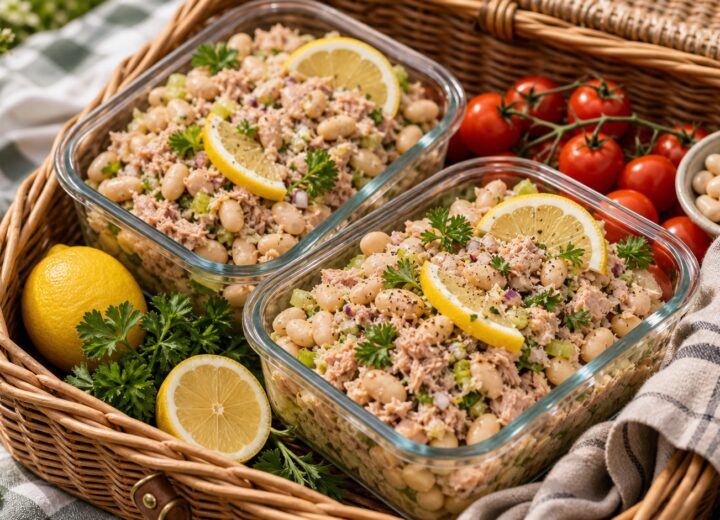 Two Lemony Tuna Butter Bean Picnic Boxes on a picnic table with lemon wedges and fresh herbs