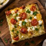 A slice of roasted tomato cabbage feta egg bake on a white plate, showing layers of roasted cabbage, blistered tomatoes, and melted feta cheese